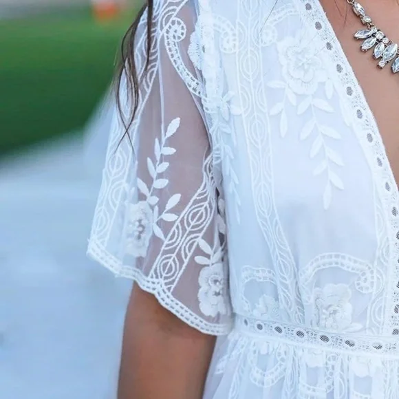 Womens V Neck Floral Embroidered Lace Maxi Dress - Picture 5 of 7